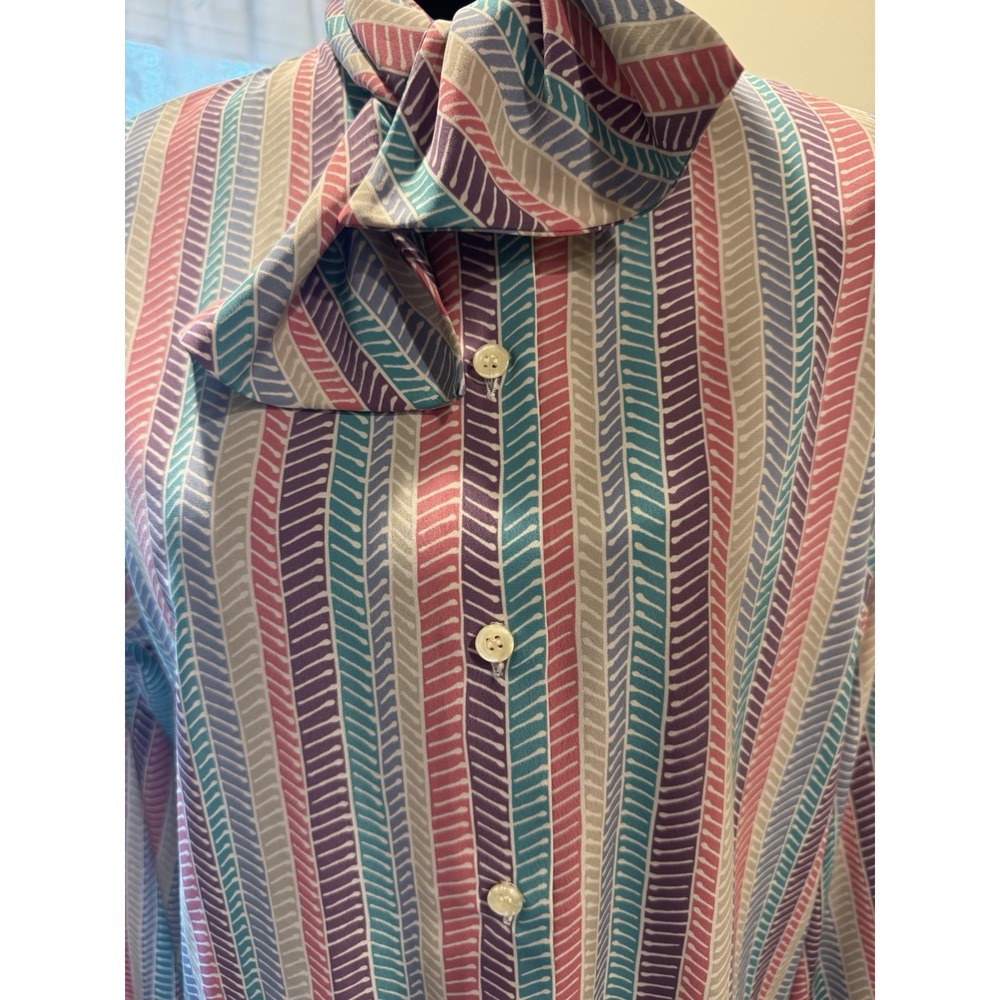 Vintage Women's Multicolor Striped Button Front Blouse Tie Neck Long Sleeve L - Picture 2 of 8